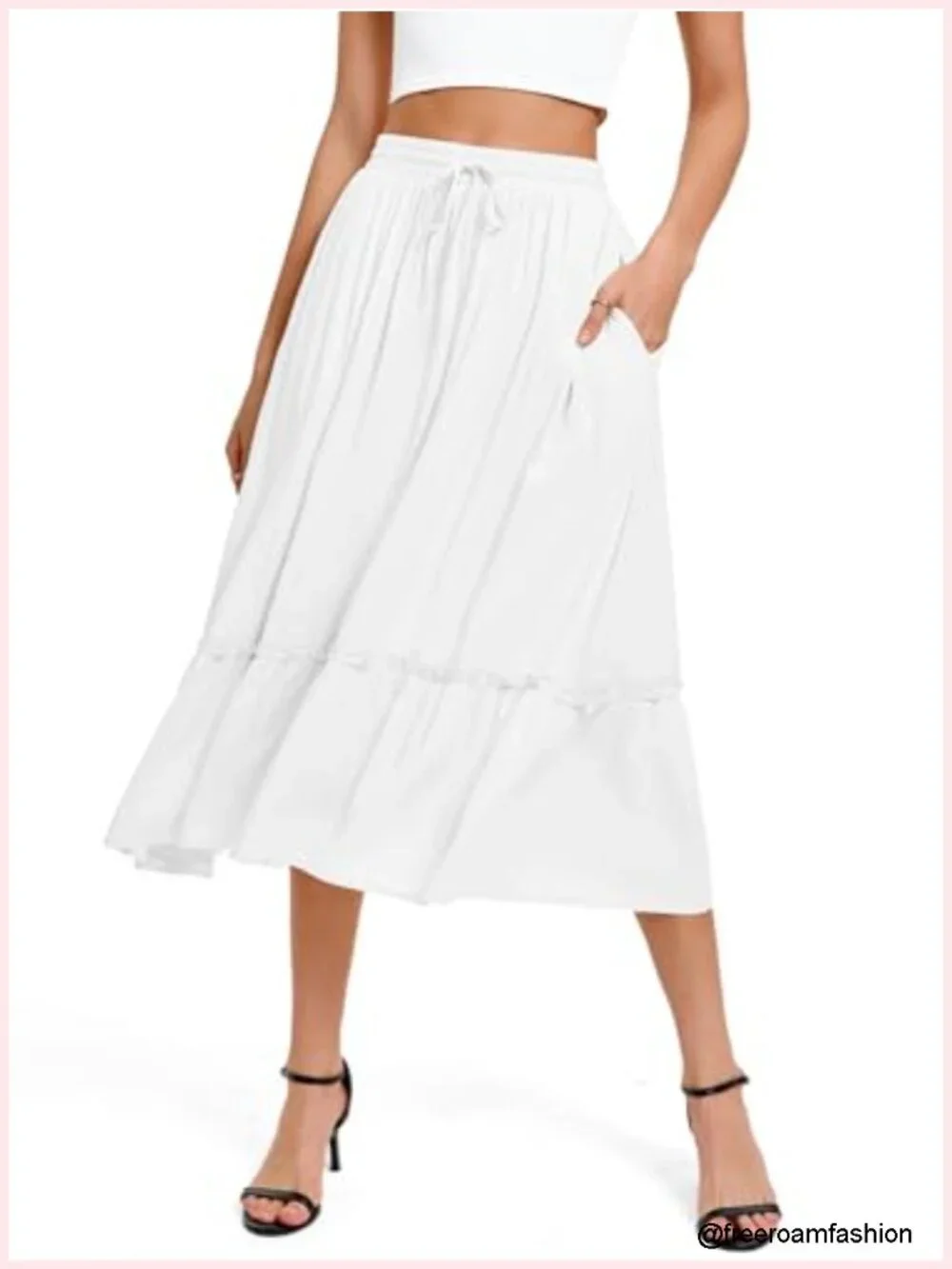 Elastic Waist Flowy A-Line Midi Skirt with Pockets 100% Rayon